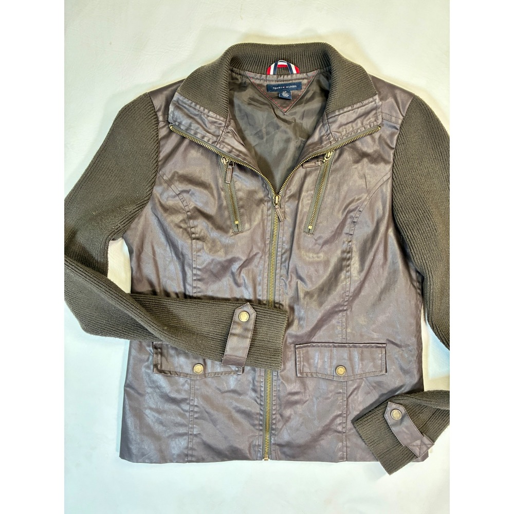 Tommy Hilfiger Jacket S/P Brown Knit‎ Sleeve Zip Front Utility Bomber Coat